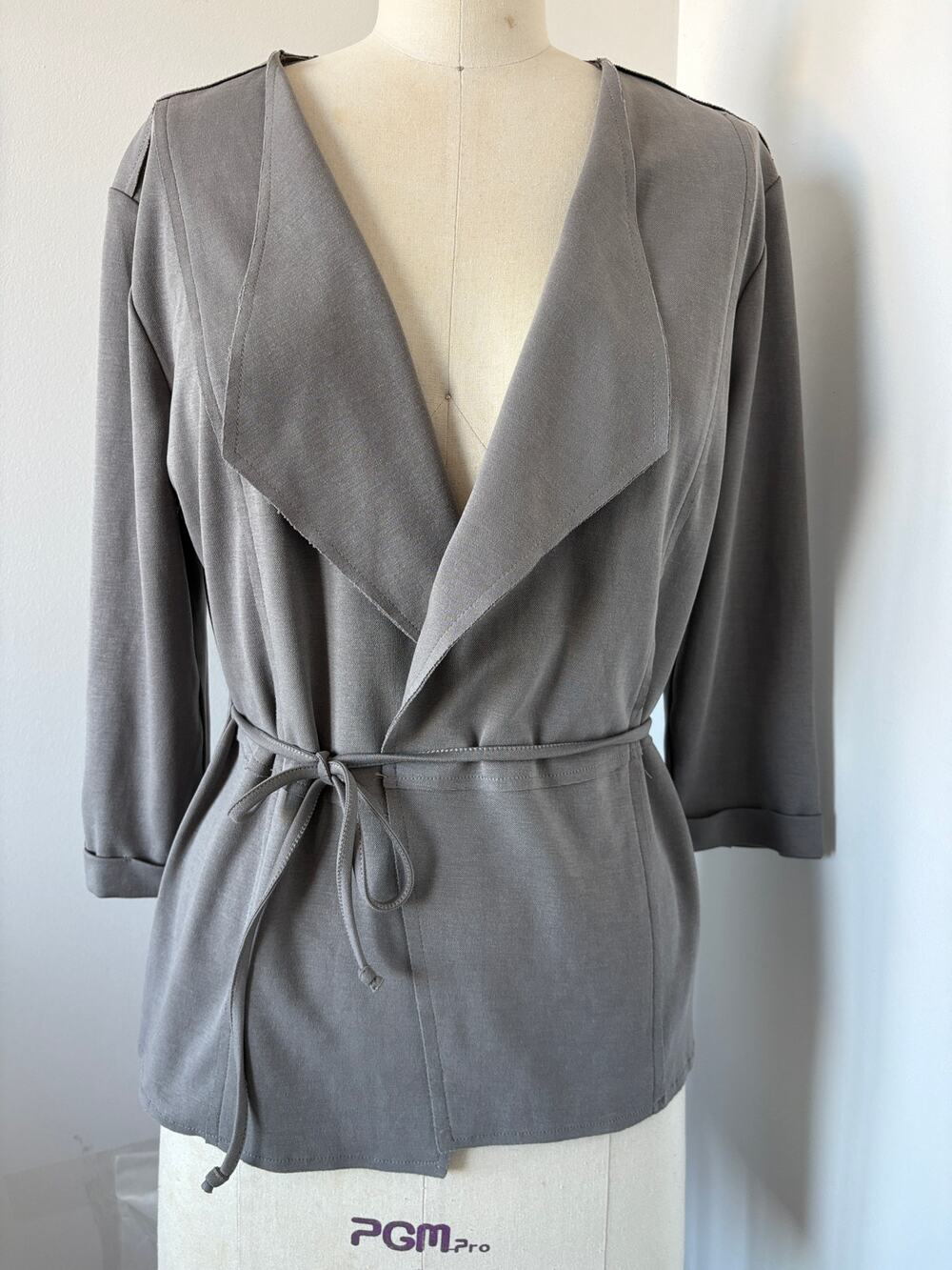 Pewter Gray Jacket Womens M Soft Tailoring Wide Lapel Tie Waist Rhinestone Cuffs